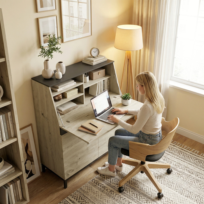 Промисловий письмовий стіл-секретар з полицями та металевим каркасом 100 см, натуральне дерево та чорний колір