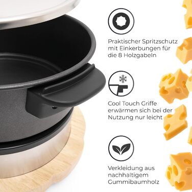 Електричний Фондю-набір KLAMER для 8 осіб з 8 виделок, регулювання температури, захист від бризок, посуд з алюмінію, екологічна обкладка з каучуку