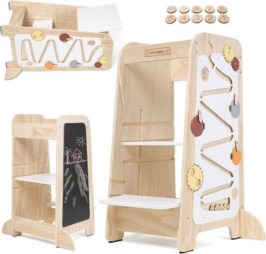 Дитячий навчальний столик-лесенка EXPLORER Kids® 5-в-1 | Монтессорі | Регульована висота, захист від перекидання | Розвиває моторику, вивчення чисел та форм | Дерев'яний, білий та салатовий | Від 1 року