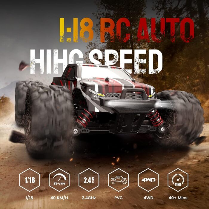 Радіокерований позашляховик DEERC 1:14 40 км/год, RC-трак 4x4 2.4 ГГц з LED фарами, іграшка-монстр-трак для хлопчиків, 2 акумулятори