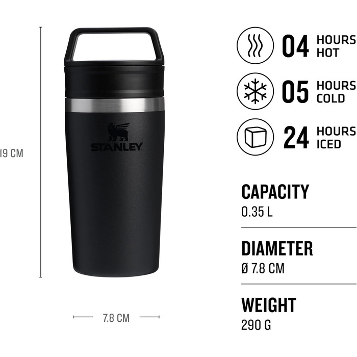 Термокружка Stanley Cafe 0.35L: 4 години гаряче, 5 годин холодне - нержавіюча сталь, для кави з собою, чорна