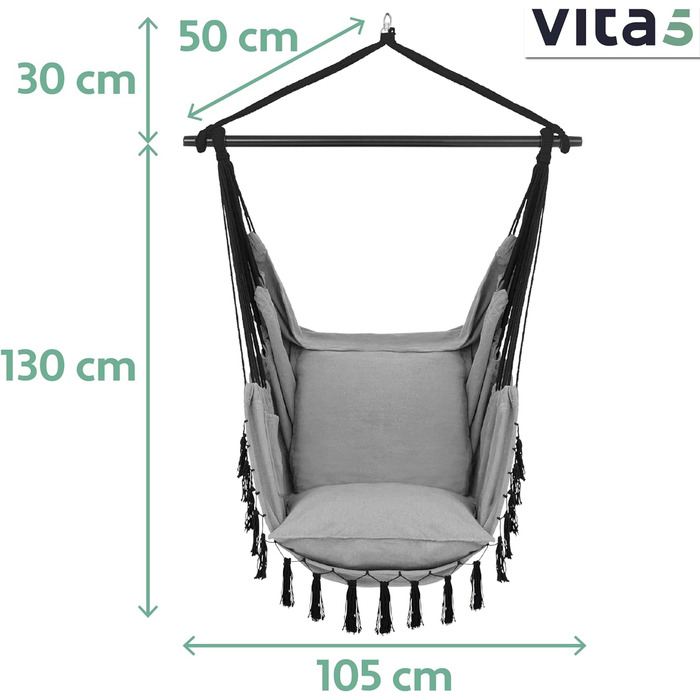 Підвісне крісло на відкритому повітрі - Стійке та безпечне крісло-гамак - Стильне підвісне крісло для приміщень - Гойдалка для дорослих і дітей - Зручне оформлення кімнати в стилі бохо - Вантажопідйомність 200 кг (сірий), 5