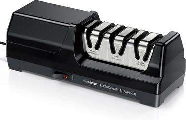 Електричний точило для ножів MusyVocay з алмазним покриттям, професійне 3-ступеневе, кухонне точило з регулюванням кута 20 градусів для грубого шліфування та відновлення леза (чорний)