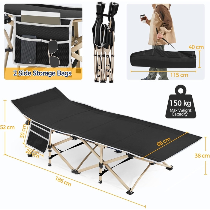 Розкладне ліжко для кемпінгу Yaheetech, похідна шезлонг-ліжка з кишенею та сумкою для транспортування, витримує до 150 кг, чорне