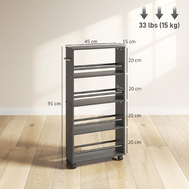 Багатофункціональна полиця на колесах, вузький дизайн, 4 відділення, 45x15x91 см, Чорний