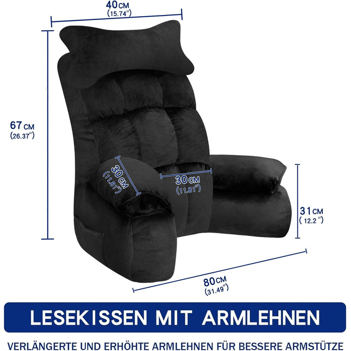 Підкуштунок для ліжка та дивана, подушка для спини, зручний підкуштунок з підлокітником для дорослих, 67*30 см (Чорний)