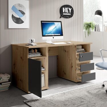 Письмовий стіл з висувними ящиками, - Офісний стіл Комп'ютерний стіл для домашнього офісу з місцем для зберігання та відкритим відсіком для зберігання - 110 x 75 x 65 см (Ш/В/Г) (ширина 145 см, дуб ремісничий / антрацит), 1