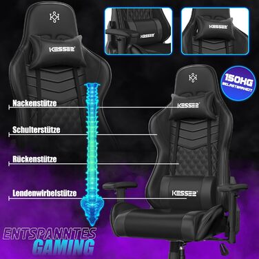 Крісло ігрове KESSER® Ergonomisch з підголівником та поперековою подушкою | Крісло для офісу, геймінгу | Макс. навантаження 150 кг | 360° | Чорний колір