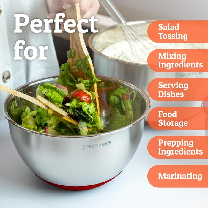 Набір містких червоних емальованих чаш для змішування PriorityChef з кришками, 1.5/2/3/4/5 л