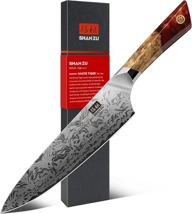 SHAN ZU Кухонний ніж Шеф-кухар, Японський ніж Дамаск з порошкової сталі SG2, Ручна ковка, 91 шар Дамаск, 20 см, професійний ніж з ахонним руків'ям, серія WHITE TIGER