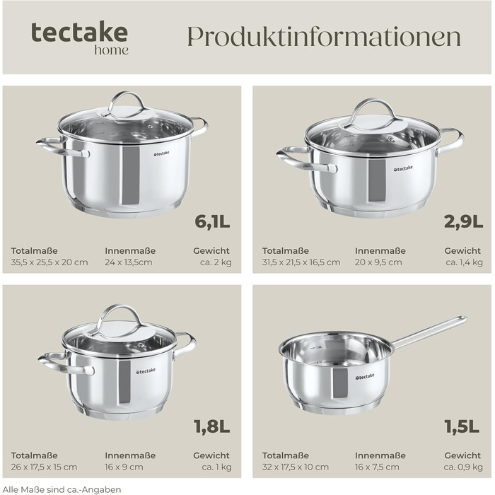 Набір каструль tectake® 7 шт. з нержавіючої сталі: каструлі з кришками для плити (індукційна, газова, електрична) - кухонний набір для дому та кемпінгу