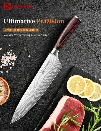 KEEMAKE Ніж кухарський 20см, професійний ніж для кухні з нержавіючої сталі з захистом леза, гострий ніж шеф-кухаря для м'яса, овочів, риби