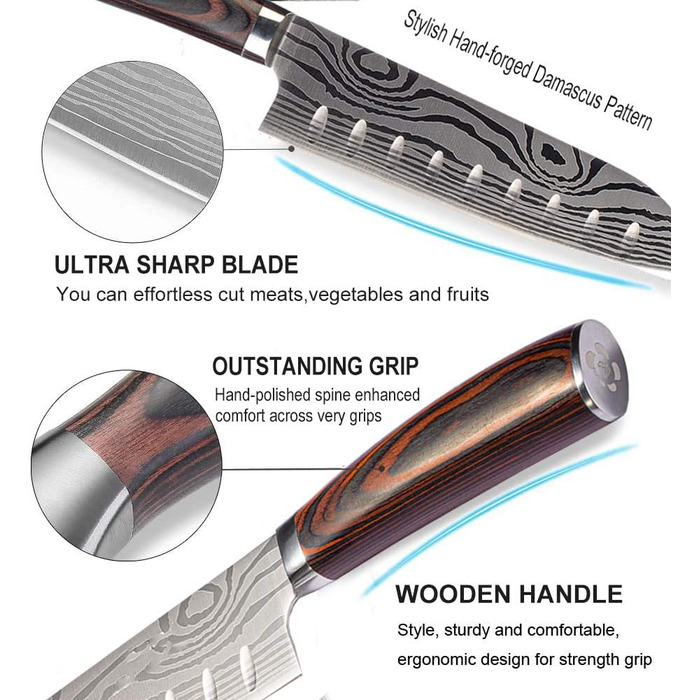 Японський ніж Joyspot Santoku, 18 см, професійний, з нержавіючої сталі, ергономічна ручка, для кухні