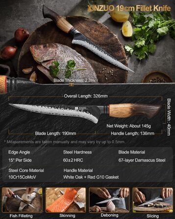 Ніж кухарський XINZUO Damaststahl з нержавіючої сталі Дамаск, 19,3 см - професійний, з ергономічною ручкою з білого дуба, серія Mo (ніж для філетування)