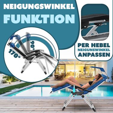 Шезлонг KESSER® для саду, широка та стійка до погодних умов, витримує до 200 кг, ергономічна спинка, регульована, з подушкою, підголівником, тримачем для напоїв, підлокітниками та бічною кишенею, блакитний