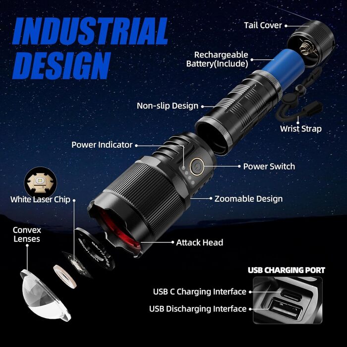 Світлодіодний ліхтар TECBOTT 500000 люмен, USB-C, ультра яскравий, 5 режимів, IPX6, акумуляторний, чорний