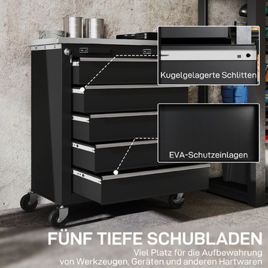 Шафа для інструментів з 5 висувними ящиками, колісна інструментарна скринька, інструментальний візок зі сталі, сріблясто-чорний
