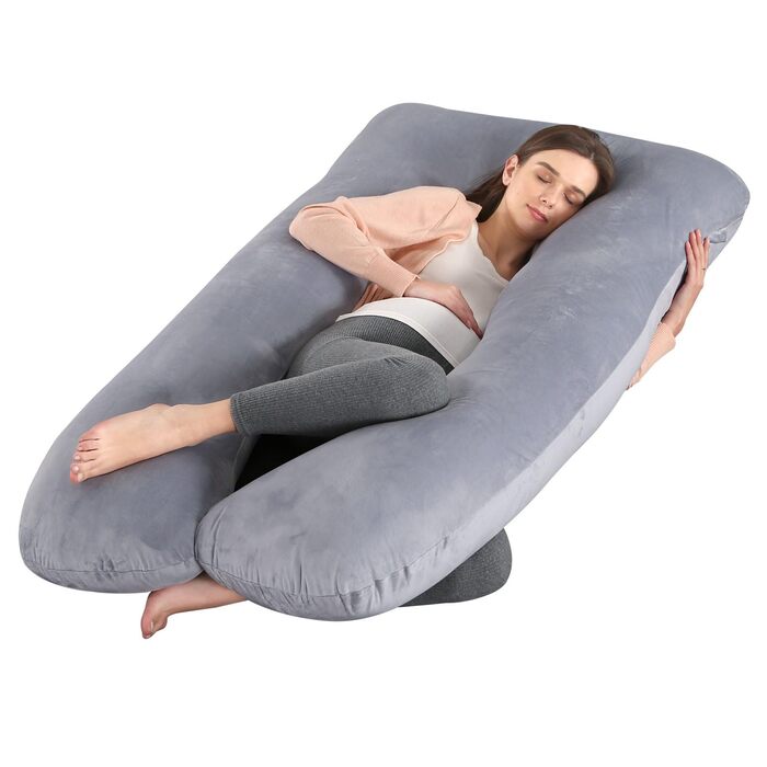 Подушка для вагітних SHANNA U-подібної форми, подушка для сну на боці, подушка для годування, комфортна подушка для дорослих, тілоподібна подушка, велюрова, темно-сіра, 70 x 145 см