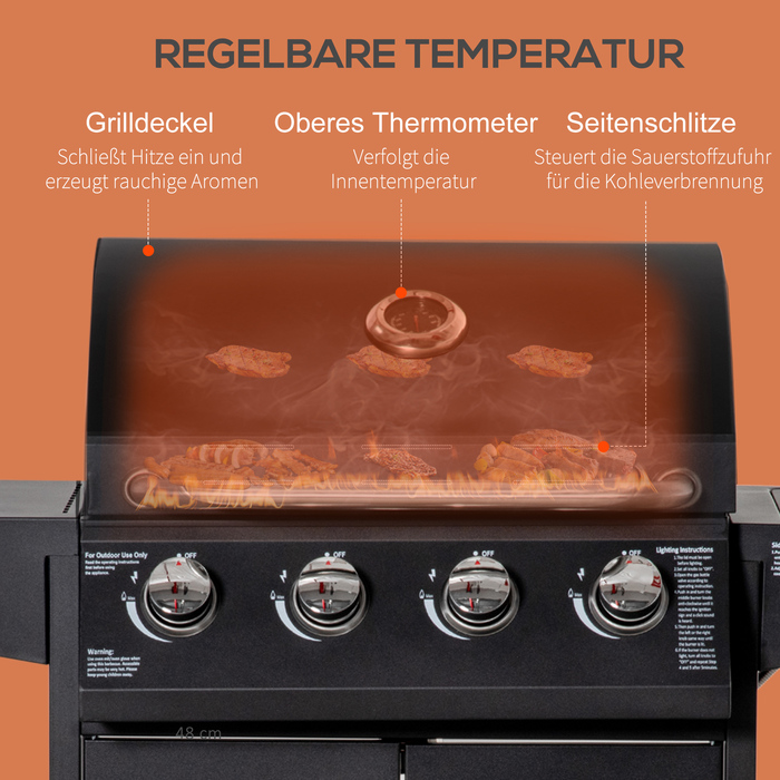 Газовий гриль Outsunny BBQ з 3 пальниками по 3 кВт, мобільний гриль-вагон на 4 колесах, сітка для гриля, бічні столики, редуктор, шланги, шафка, багатофункціональний, метал, чорний, 132,4 см x 55 см x 109 см