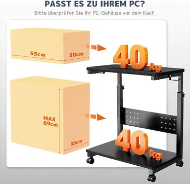 Підставка для ПК з регулюванням висоти PUTORSEN, 2 рівні, з роликами та підкладкою для миші, чорний Full-Tower (до 40 кг/рівень)