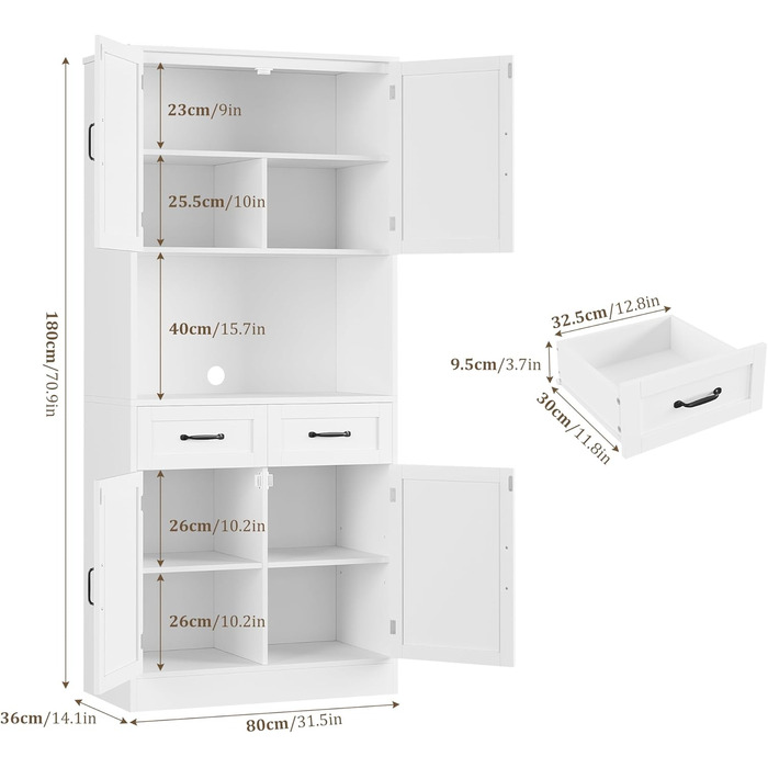 Кухонна шафа HOCSOK 180 см: буфет з робочою поверхнею, шафа для зберігання з 4 дверцятами та 2 ящиками, висока шафа-багатоцільова з регульованою полицею, білий