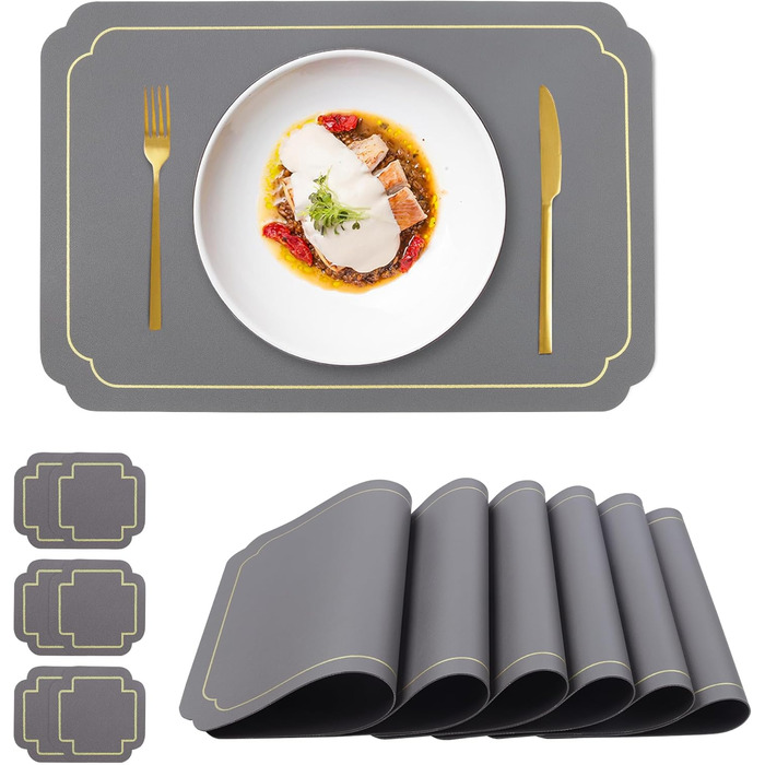 Набори підставки під гаряче Fanquare, 6 шт., зелені, прямокутні, з екошкіри, з золотим кантом. Стійкі до тепла, миючіся, неслизькі підставки для столу для кухні та обіднього столу, декору для весілля. Розмір 45*30 см, зелені (45*30 см, темно-сірий)