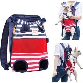 Рюкзак для домашніх тварин з дихаючої сітки PETTOM з бічною застібкою-блискавкою для кішок і собак, підходить для кішок вагою не більше 10 кг або собак в червону і синю смужку
