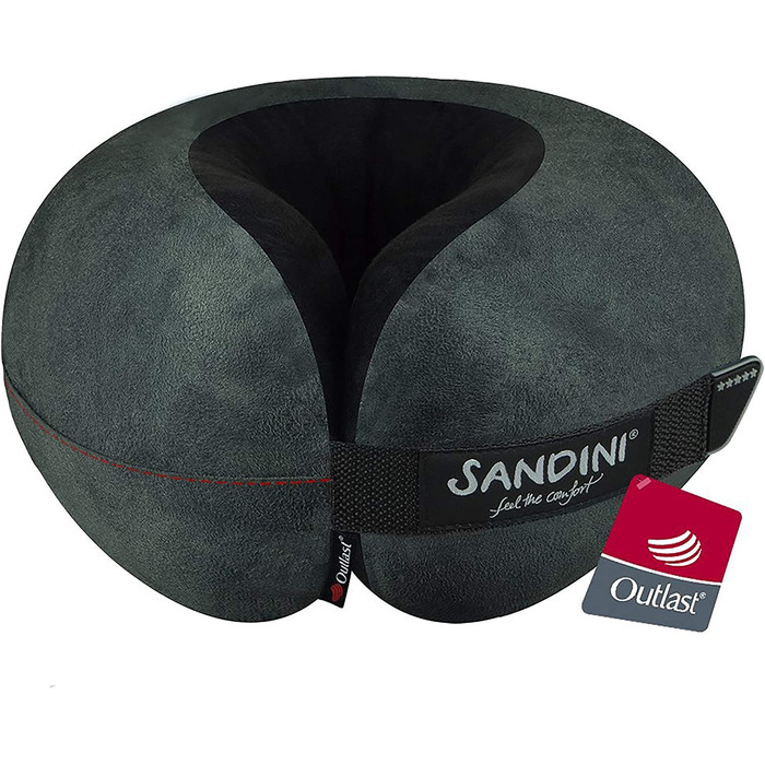 Звичайний розмір SANDINI TravelFix - подушка преміум-класу з мікрофібри європейського виробництва / подушка для шиї з ергономічною функцією підтримки-безкоштовна сумка для перенесення з затискачем для кріплення(Outlast / мікрофібра антрацитова)