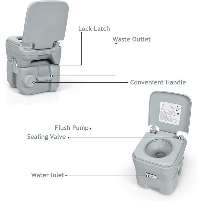 Туалет для кемпінгу DREAMADE 20L з баками для брудної та чистої води, мобільний туалет для дому, кемпінгу, трекінгу, до 200 кг, з промиванням