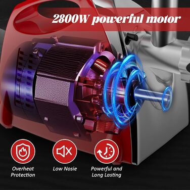 Електрична м'ясоподрібнювач Fleischwolf 2800W, 3 диски, з насадкою для ковбаси, потужність 2800 Вт, швидкість подрібнення 1,5 кг/хв (червоний)