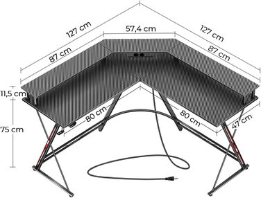 Ігровий стіл SEVEN WARRIOR з LED підсвіткою, розетками, полицею для монітора, 2 гачками, ергономічний кутовий стіл L-подібної форми (127см)