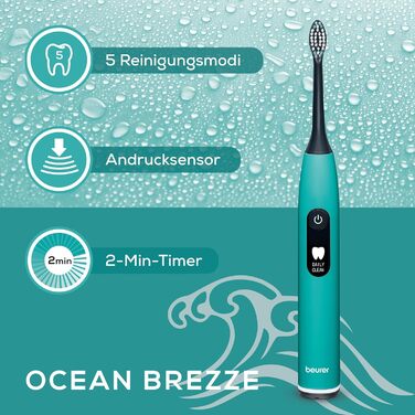 Електрична зубна щітка Beurer SC 30 Ocean Breeze: 4 режими чищення, 80 000 коливань, таймер, LED-дисплей + 2 насадки, корпус з переробленого пластику