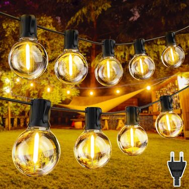 LED гірлянда на батарейках для зовнішнього використання, 10 метрів, 17+1 тепле світло G40, вологостійка IP45, для саду, балкону, тераси