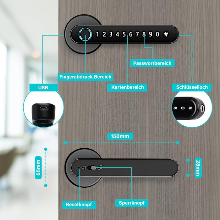 Відбиток пальця дверного замка, Smart Lock - ключ, відбиток пальця, карта, додаток, аварійне живлення USB, двері 35-55 мм