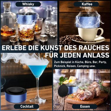 Електричний набір для копчення віскі з 6 дерев'яними чіпсами, перезаряджуваний, з вбудованим запальничкою, без бутану, ідея подарунка для чоловіків, батька, чоловіка або друга, з LED-підсвічуванням (блакитний)
