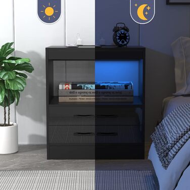 Тумба приліжкова чорна з LED-підсвіткою, 2 розетки, 2 USB, відкриті полиці та шухляда, 40x35x60 см, глянцева, для спальні