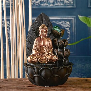 Кімнатний фонтан Будда Хартха, прикраса дзен і фен-шуй, оригінальний подарунок Будді, світлодіодне підсвічування різнокольорове, безшумний насос, Д 27 х Ш 27 х В 40 см
