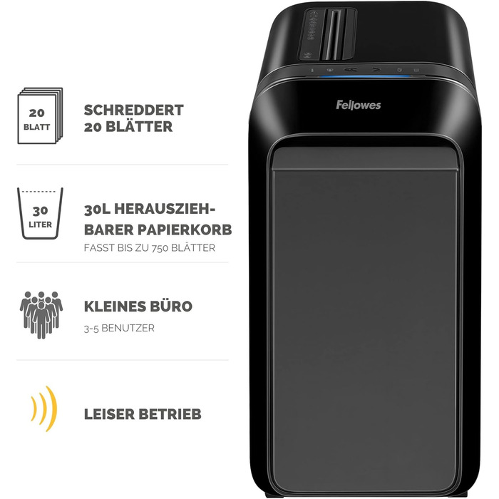 Fellowes знищувач паперу High Security (P5), офісний, Powershred LX221, Microcut, 30 л кошик, 100% без залишків, Safesense, 2000 частинок/арк (2x12 мм), 20 арк