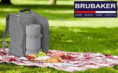 Рюкзак для пікніка на 2 особи BruBaker сірий, 28x40x22 см з термокишенею, ізольованим утримувачем для пляшок та флісовою ковдрою з водонепроникним дном