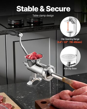 М'ясорубка ручна VEVOR з нержавіючої сталі 304, диски 4.5/8 мм, для фаршу та ковбас, 38 см, срібляста