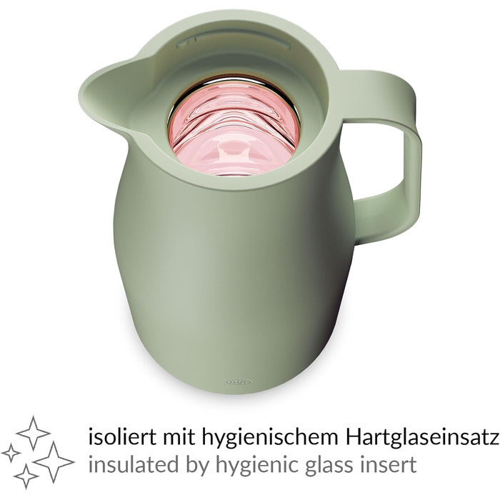 Термос Alfi ECONSCIOUS 1.0л, туманно-зелений, з ізоляцією, з вбудованим скляним вставкою, з біо-пластику, з кришкою-вертушкою, з кнопкою, для зручного наливання однією рукою, ідеальний для кави та чаю, без BPA