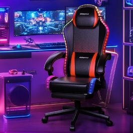 Ігровий крісло Dowinx з RGB підсвічуванням, LED, з підніжкою, для дорослих, ергономічний, з масажем попереку, PU шкіра, білий (червоний)