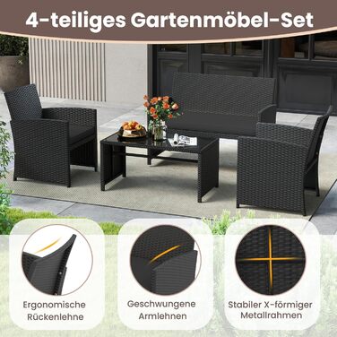 Садовий меблевий комплект COSTWAY з ротангу для балкона та тераси: диван, 2 крісла, стіл, подушки (сірий + чорний)