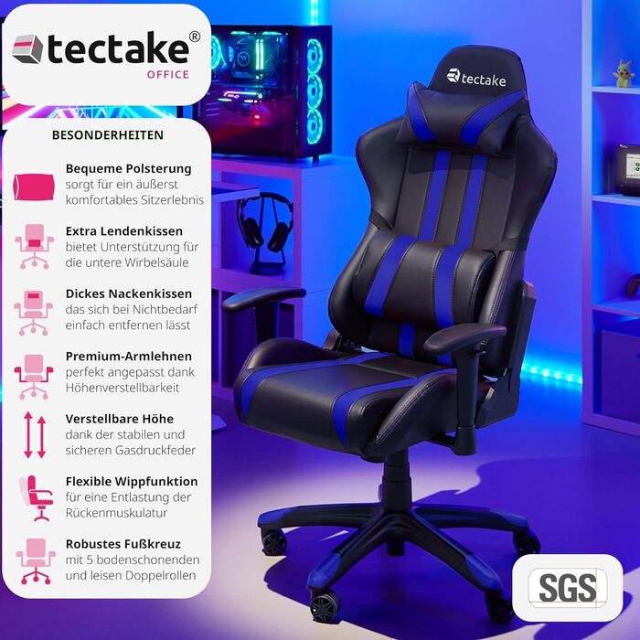 Офісне крісло Tectake, Ігрове крісло з регульованою спинкою та підлокітниками, крісло з подушкою для шиї та поперековою підтримкою, офісне крісло з регулюванням висоти ергономічне, ігрове крісло з можливістю обертання на 360 - чорний/червоний (Black Blue 