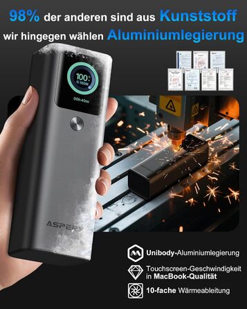 Power Bank AsperX 20000mAh, 165W, 2x USB-C (100W), для ноутбуків, iPhone, MacBook, Samsung, вбудований кабель 60см, TFT-дисплей