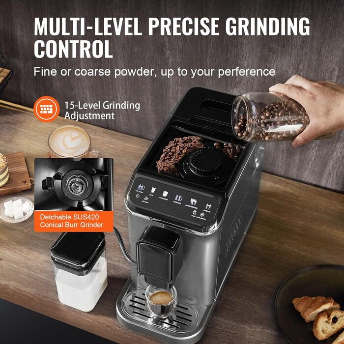 VEVOR Кавомашина автоматична, вбудована кавомолка, 15 ступенів помелу, резервуар для води 1,5 л, контейнер для кавових зерен 180 г (CM9002M-CB)