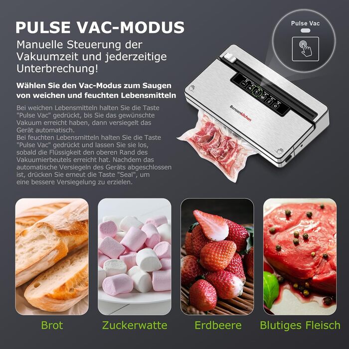 Вакууматор Bonsenkitchen для продуктів, потужний вакуумний пакувальник з 5 режимами, 8 л/хв, сріблястий (комплект: 5 пакетів та 1 рулон)