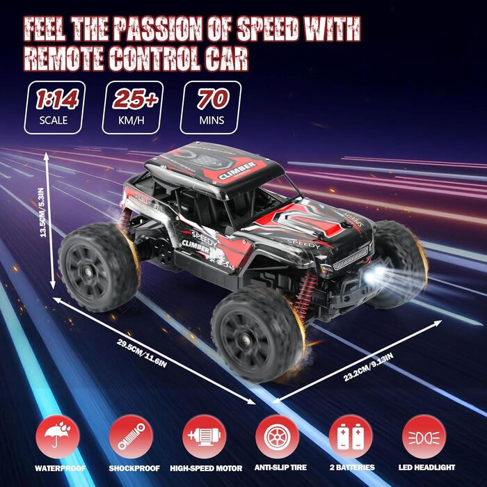 Радіокерований позашляховик Monstertruck 2.4GHz, 25 км/год, червоний - DIY збірка, великий розмір, для дорослих та дітей