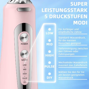 Електрична ірigator для порожнини рота Munddusche з 5 режимами, 300 мл, 6 насадок, рожевий