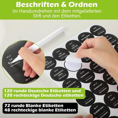 Набір скляних банок для спецій 30 шт. з дозатором, 120 мл, чорний колір, вологостійкі етикетки, органайзер для спецій